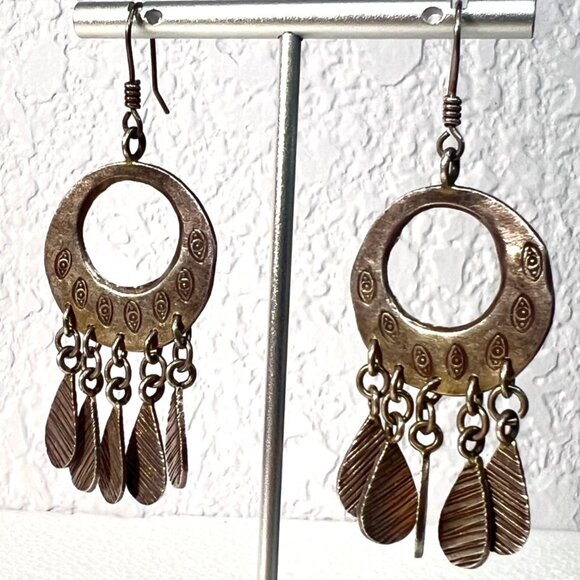 Bohemian Style 3" Dangle Earrings Teardrop Textured Charms Ornate Circular Desig - Picture 1 of 8